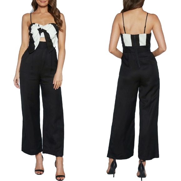 NEW BARDOT Sleeveless BLACK WHITE Stripe BOW Cut Out WIDE LEG JUMPSUIT US 4 / XS - Picture 1 of 16